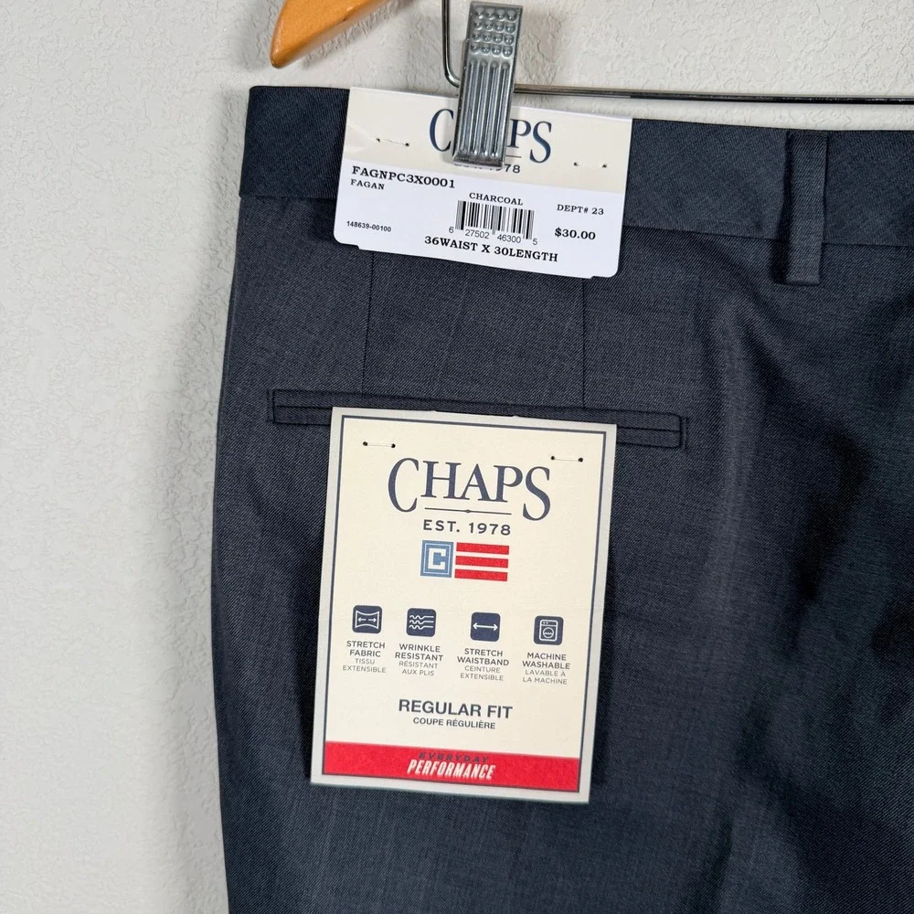 Chaps Performance Dress Pants Mens 36x30‎ Charcoal Regular Fit Stretch NEW